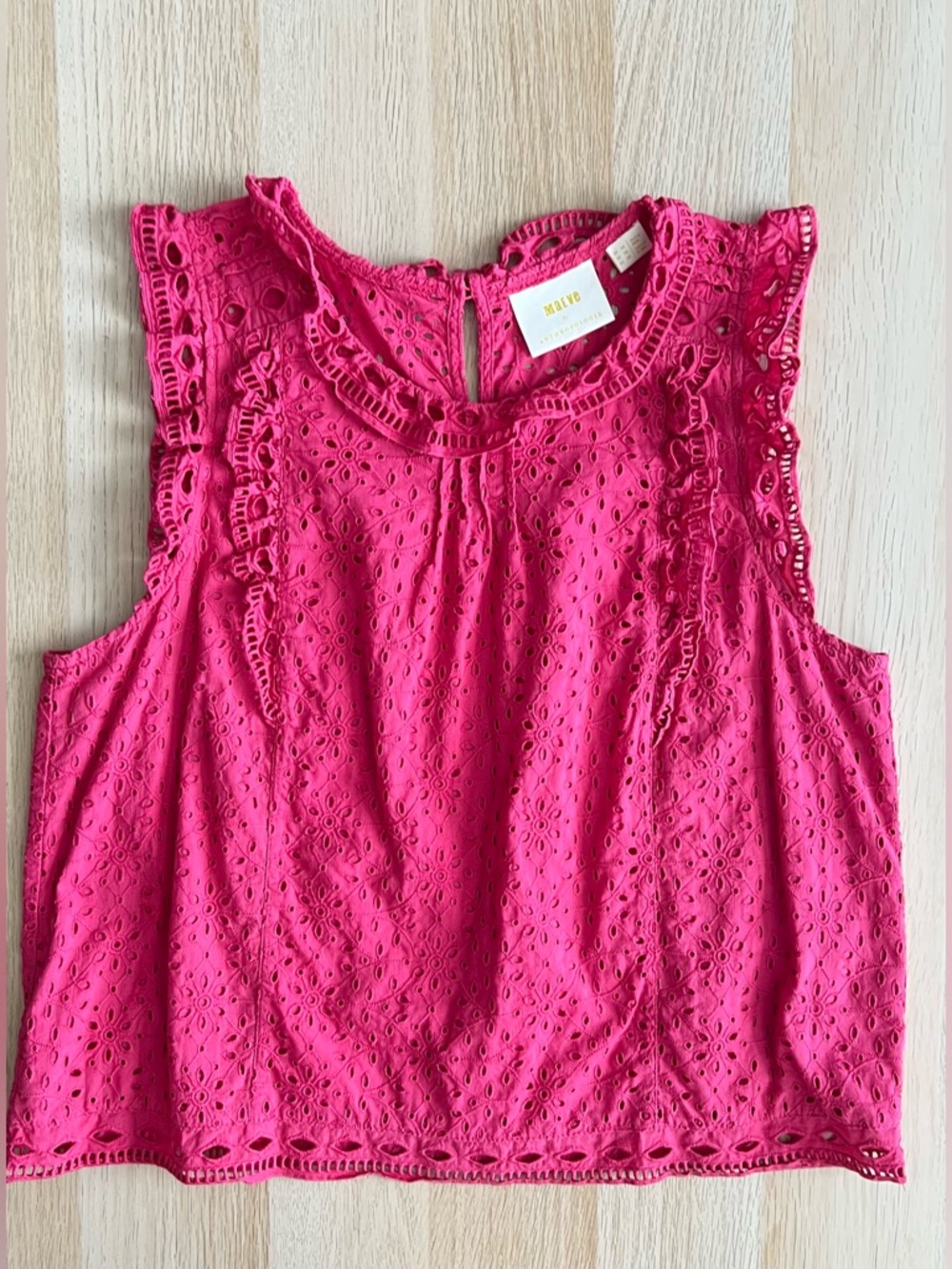 Maeve Eyelet Ruffle Blouse Pink Boho Cottagecore Size 10 Anthropologie - Picture 2 of 12